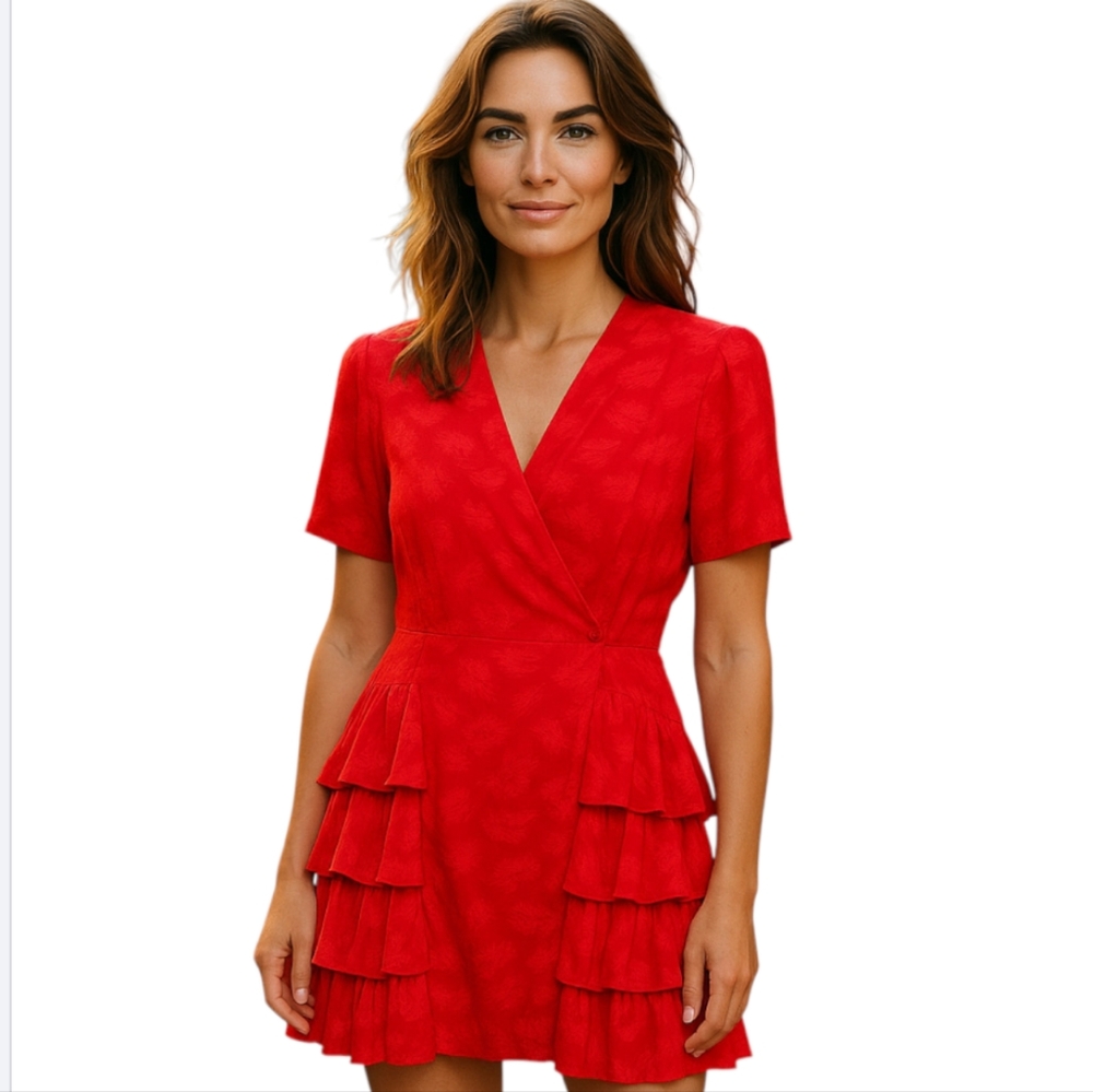 Argenti Vintage 80s Red Silk Shoulder Pad Button Ruffle Dress Womens Size 12